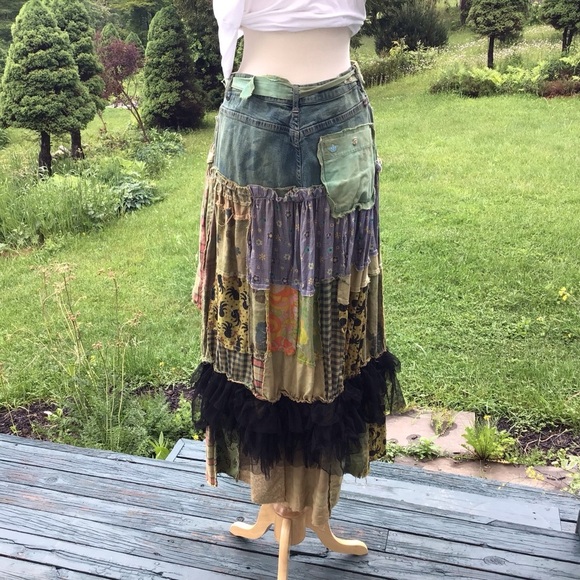 Boho up-cycled tiered patchwork overdyed jean / cotton distressed maxi skirt M/L - Picture 5 of 9